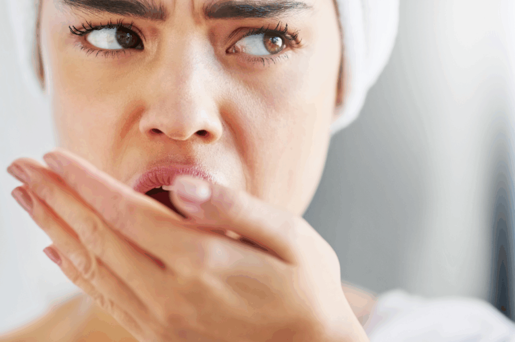 Close-up photo of a concerned person lightly covering their mouth with their hand in a clean, modern bathroom with soft natural light and neutral tones.