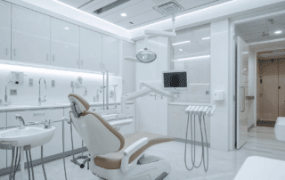 A clean, modern dental exam room with a reclining chair, overhead light, sink, and mounted monitor.