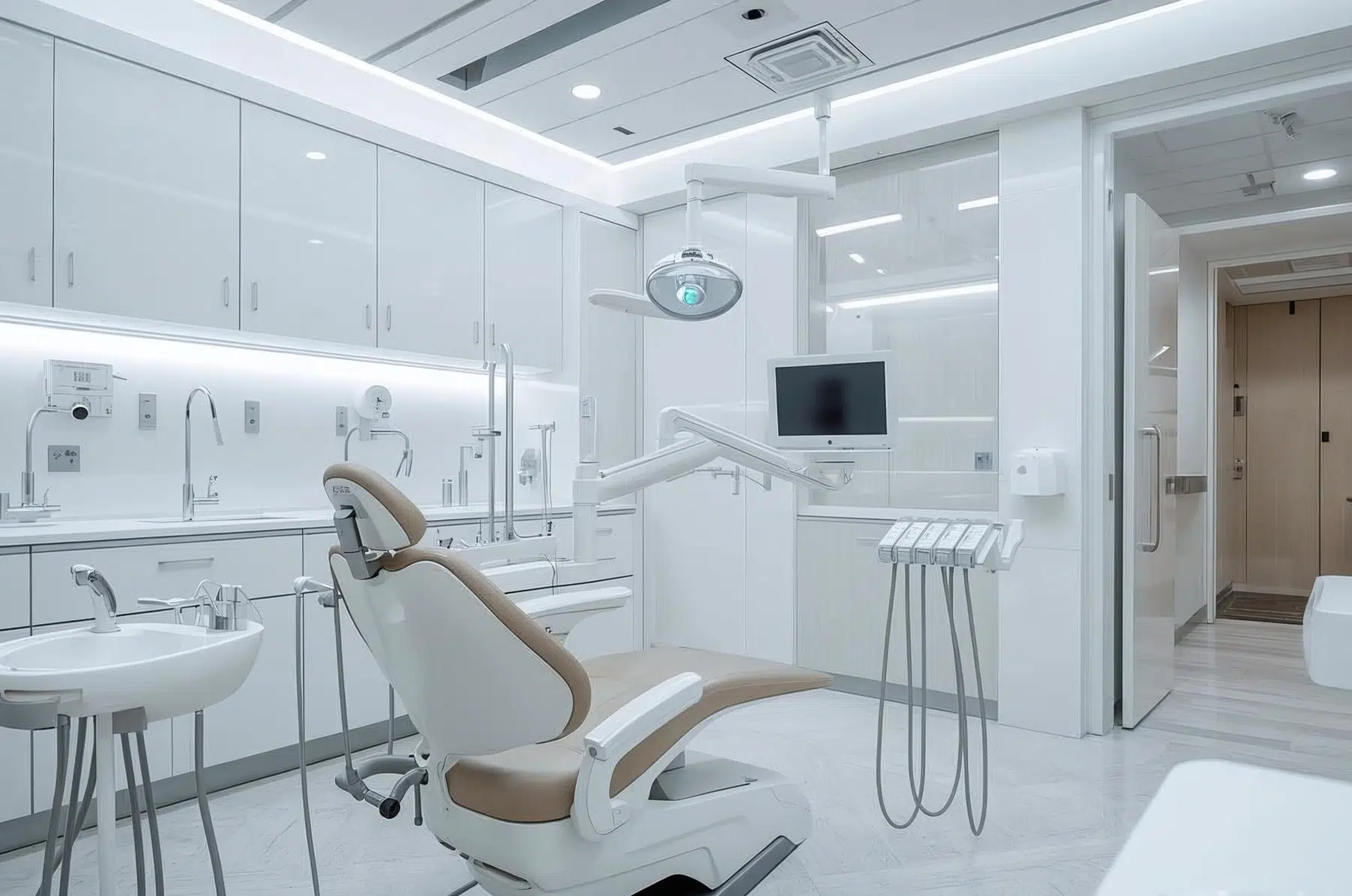 A clean, modern dental exam room with a reclining chair, overhead light, sink, and mounted monitor.