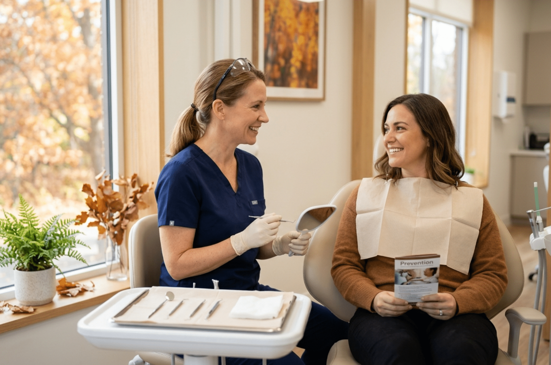 A dentist in scrubs smiles while holding a mirror and tool, speaking with a seated patient wearing a dental bib and holding a pamphlet in a bright, cozy exam room.