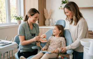 A dentist uses a model of teeth to explain oral care to a smiling young girl in a dental chair, while her mother stands beside her in a bright clinic.