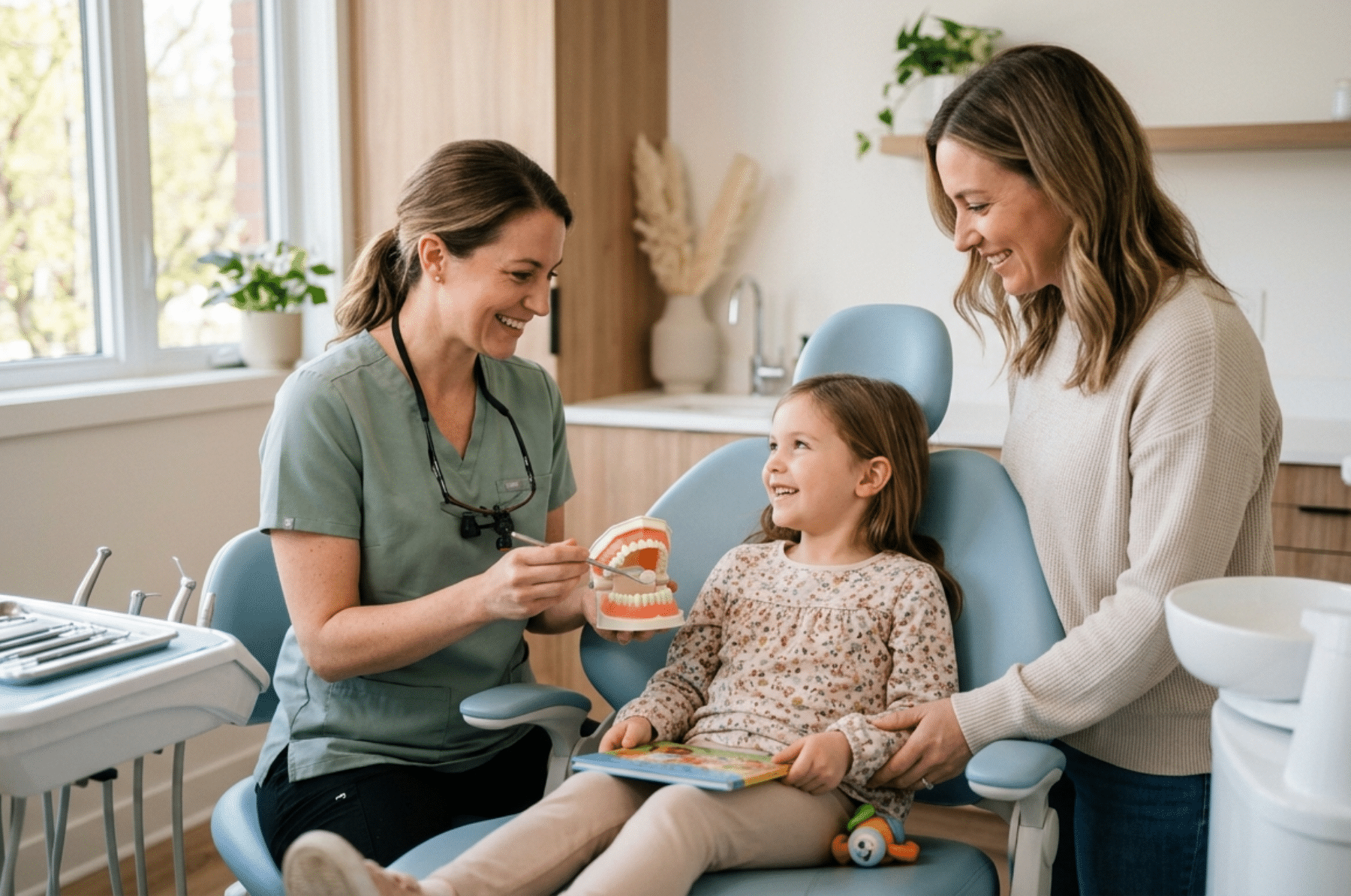 A dentist uses a model of teeth to explain oral care to a smiling young girl in a dental chair, while her mother stands beside her in a bright clinic.