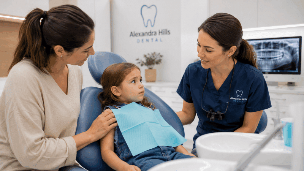Parent and dentist helping a child feel comfortable during an emergency dental visit.