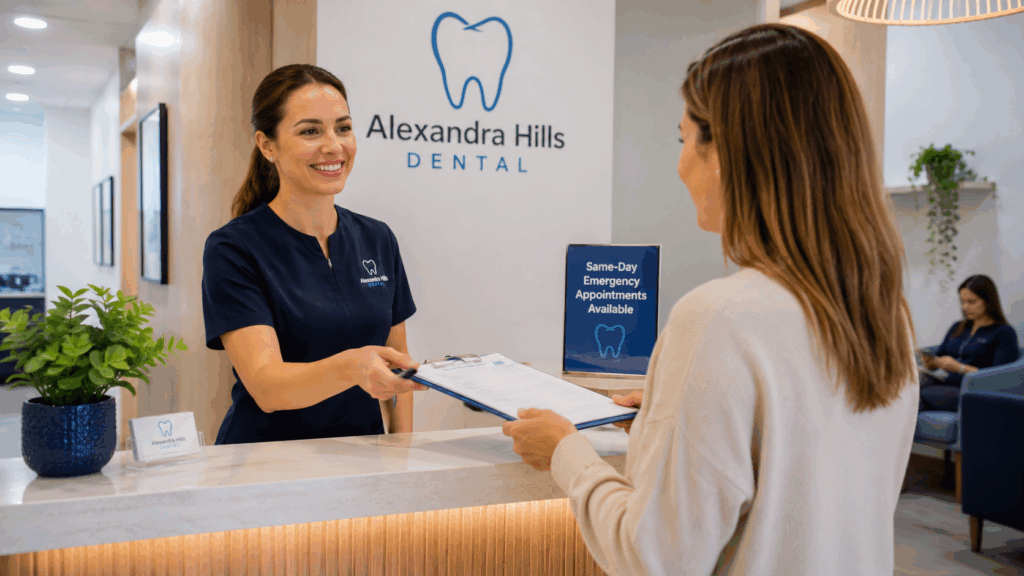 Patient arriving at a welcoming dental clinic for a same-day emergency appointment.