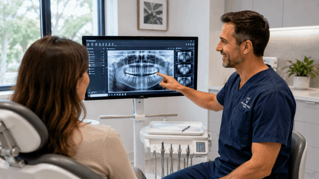Dentist explaining digital dental x-rays and oral health results to a patient.