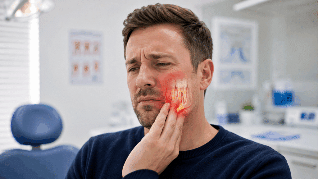 Person experiencing jaw swelling and dental pain caused by a possible tooth infection.