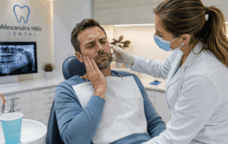 Emergency dentist examining a patient with severe tooth pain in a modern dental clinic.