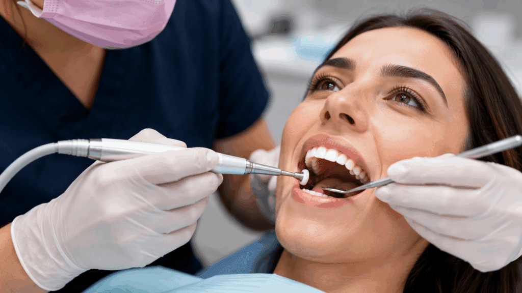 Close-up of a professional dental cleaning during a routine check-up.