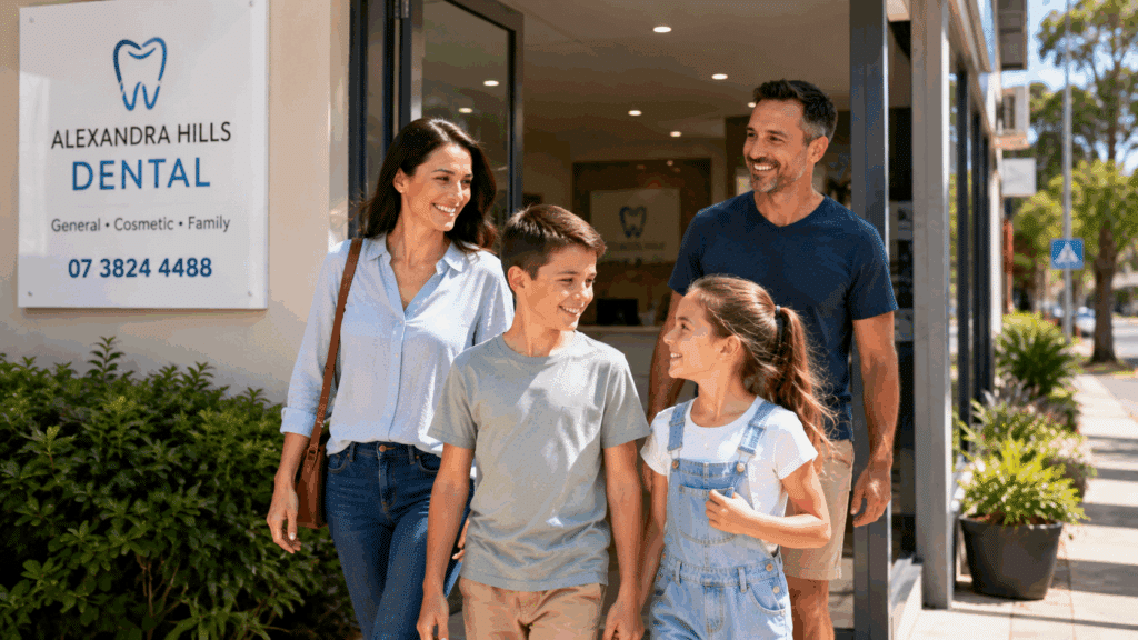 Happy local family leaving a dental clinic after a positive appointment experience.