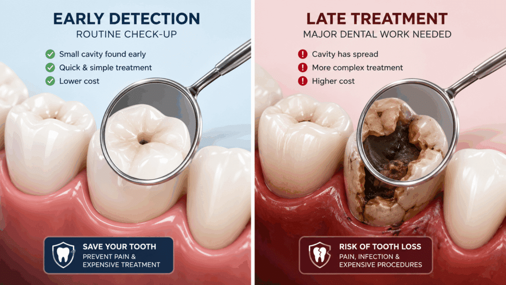 Comparison showing the difference between early cavity detection and advanced tooth damage.