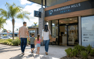 Family arriving at a modern dental clinic near Capalaba for a dental appointment.
