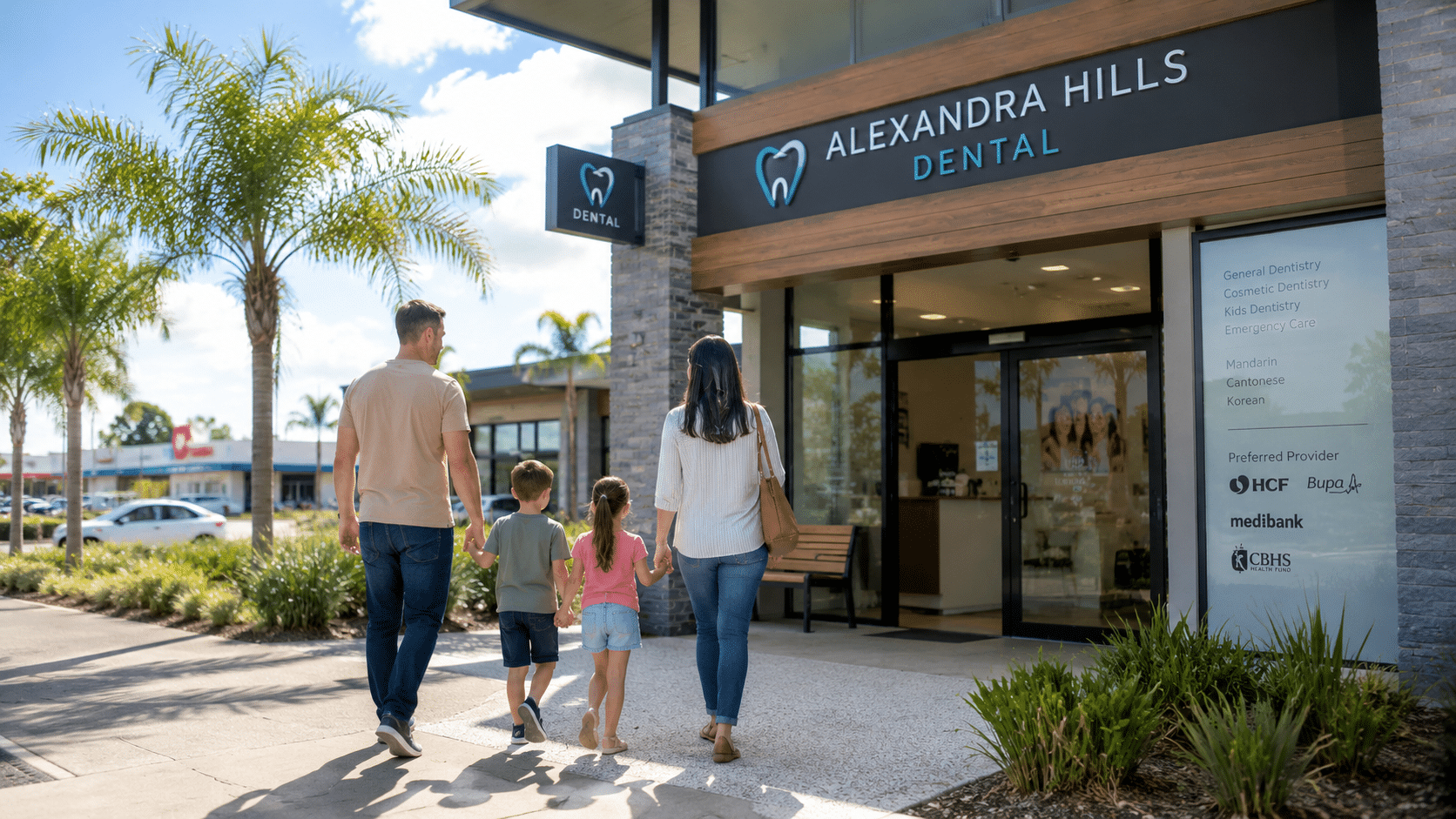 Family arriving at a modern dental clinic near Capalaba for a dental appointment.