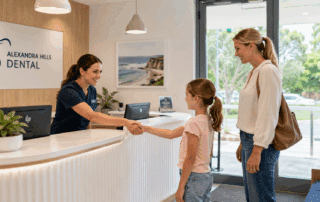 Parent and child arriving for a routine dental check-up at a modern dental clinic.