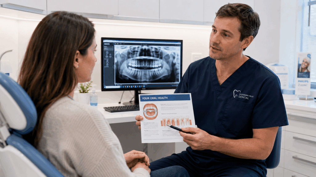 Dentist discussing a personalised dental check-up schedule with an adult patient.