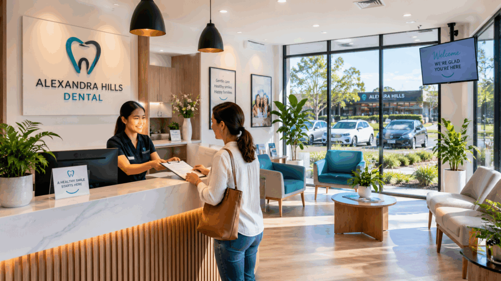 Welcoming dental clinic reception area with convenient on-site parking.