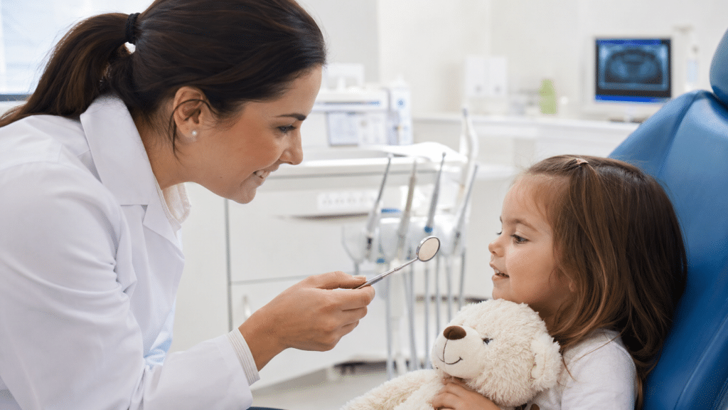 Dentist showing a dental mirror to a child before beginning the examination.