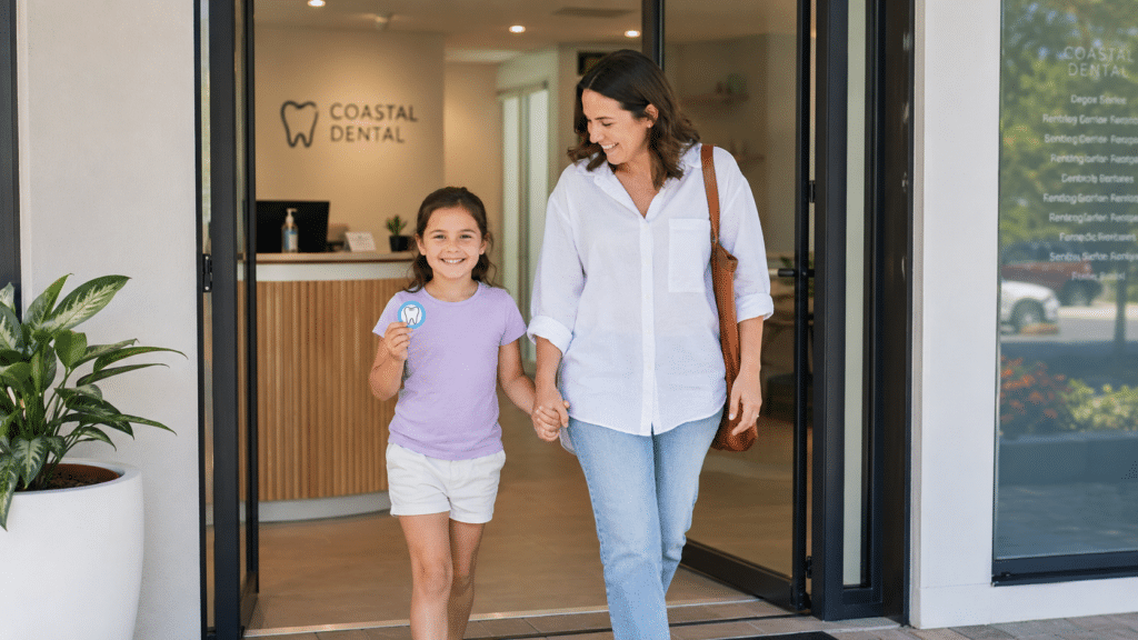 Happy child and parent leaving the dental clinic after a positive appointment.