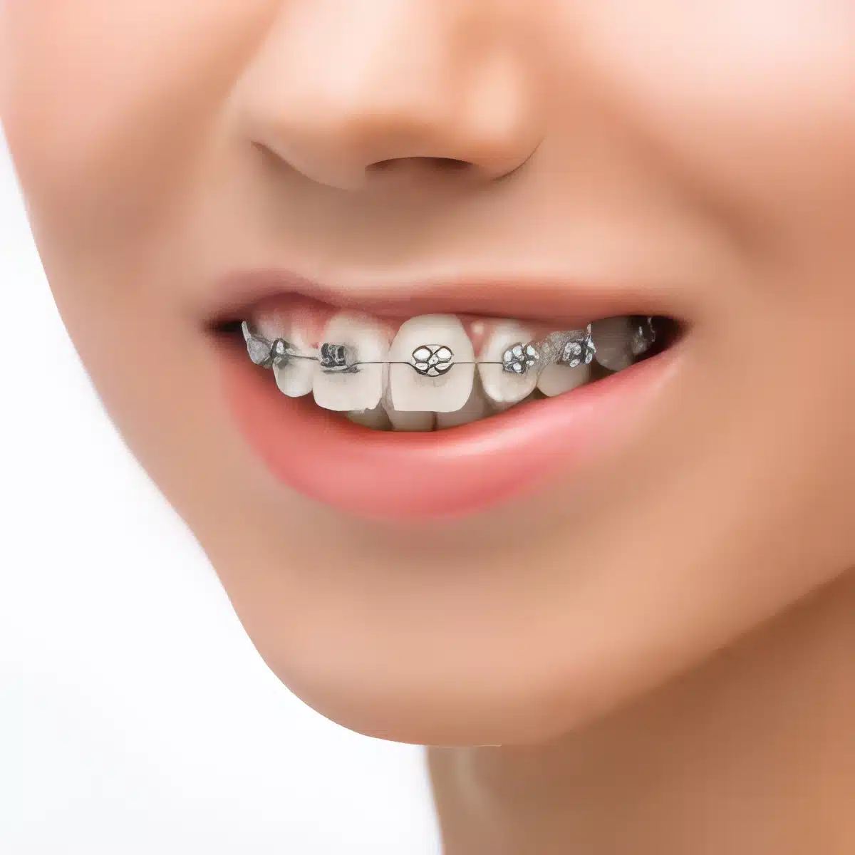 Close-up of a person smiling with traditional metal dental braces on upper teeth.